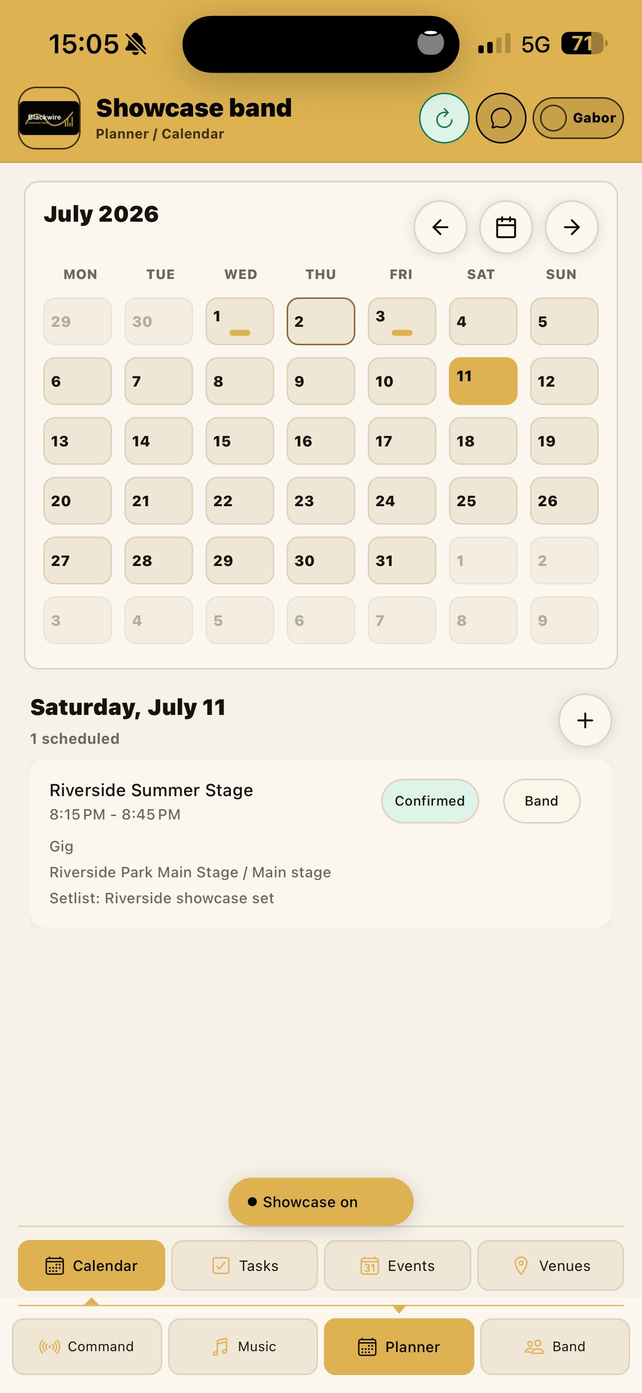Blackwires calendar and event planning screenshot
