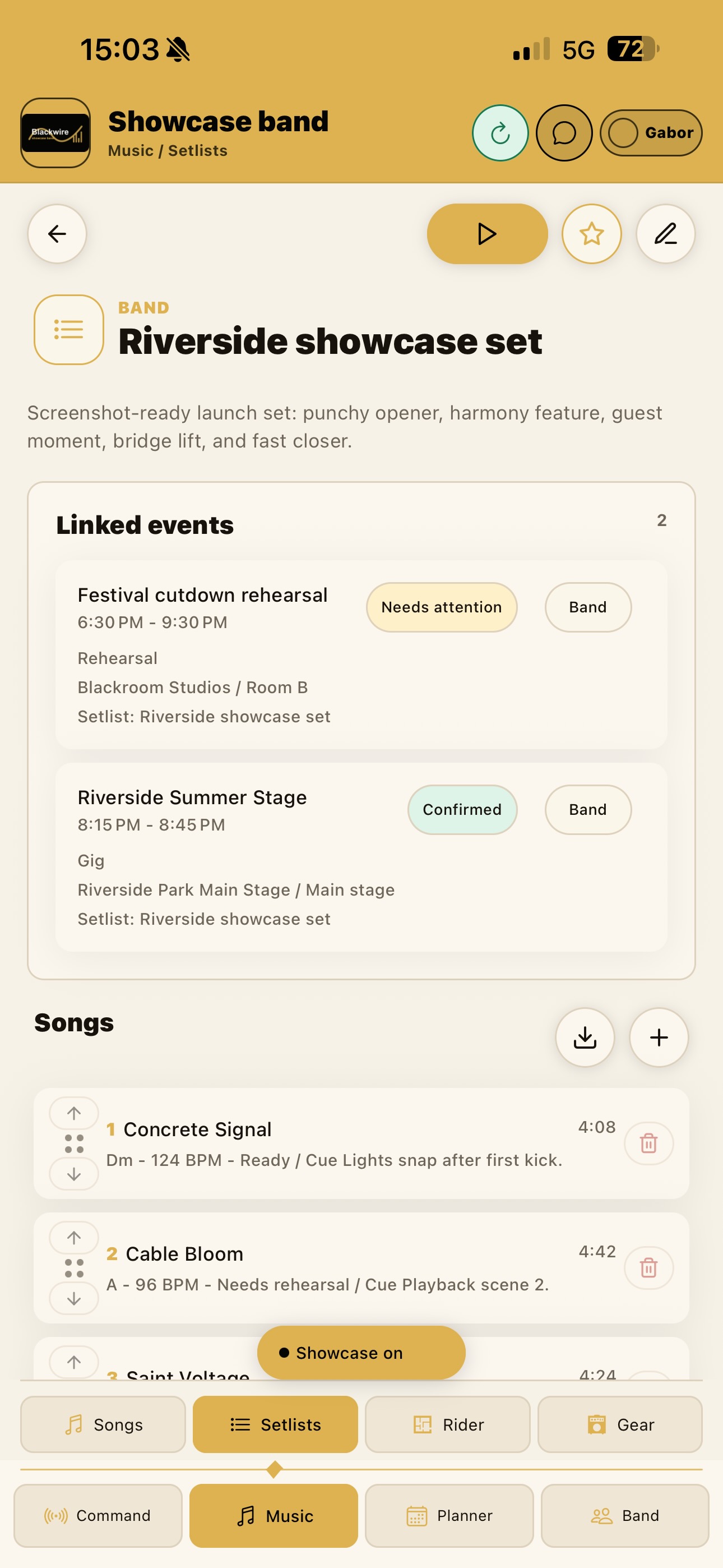 Blackwires setlist management screenshot