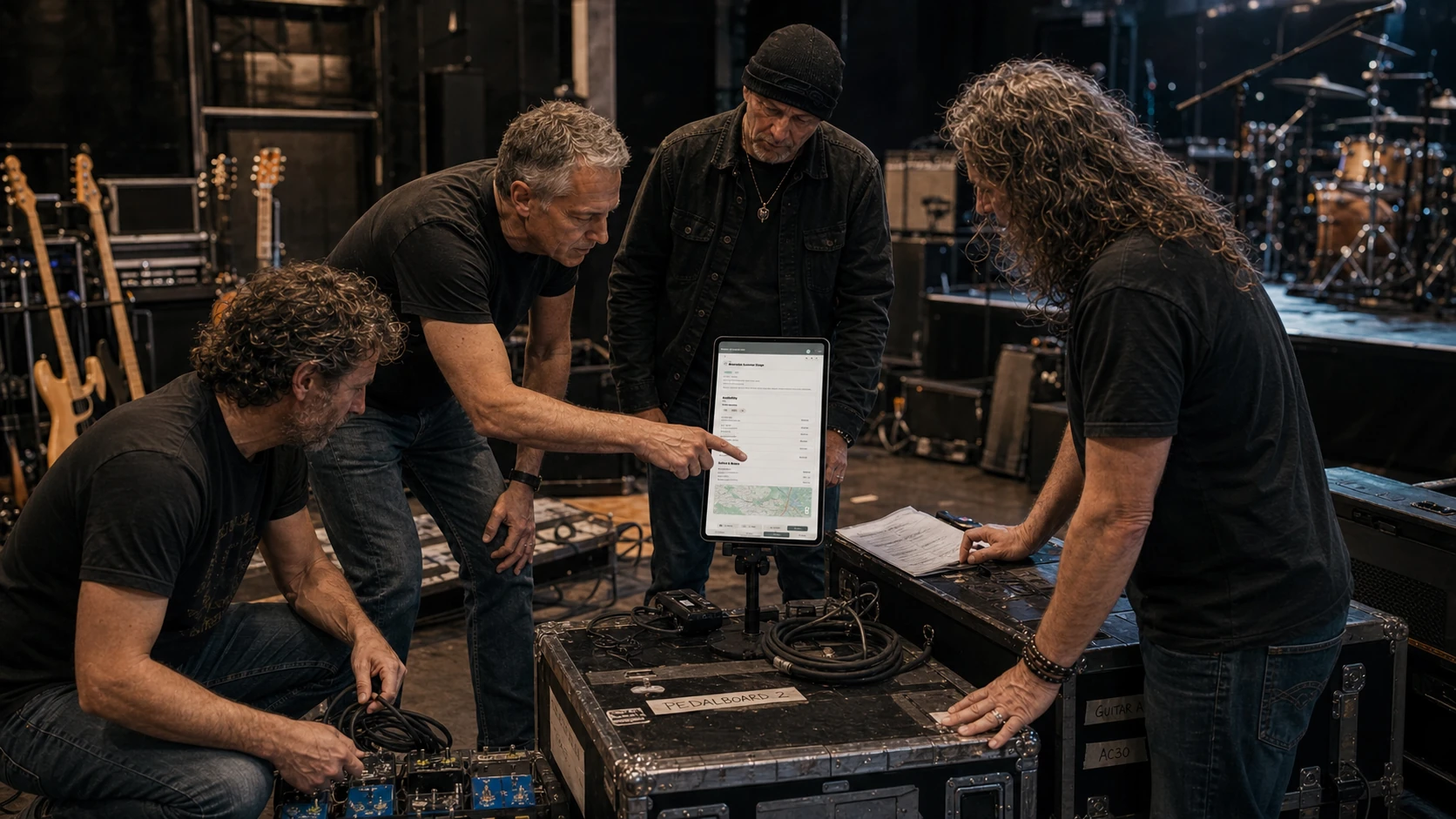 Band coordinating gear, rider details and venue preparation around Blackwires on a portrait tablet