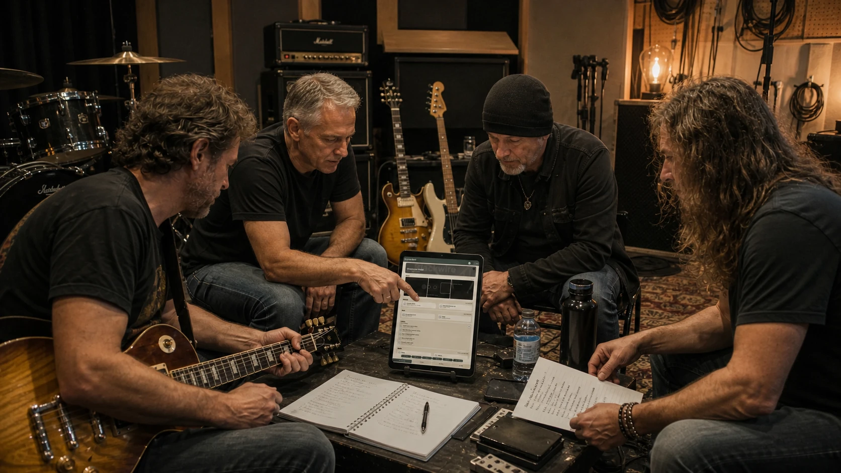 Band members coordinating their shared work around Blackwires on a portrait tablet