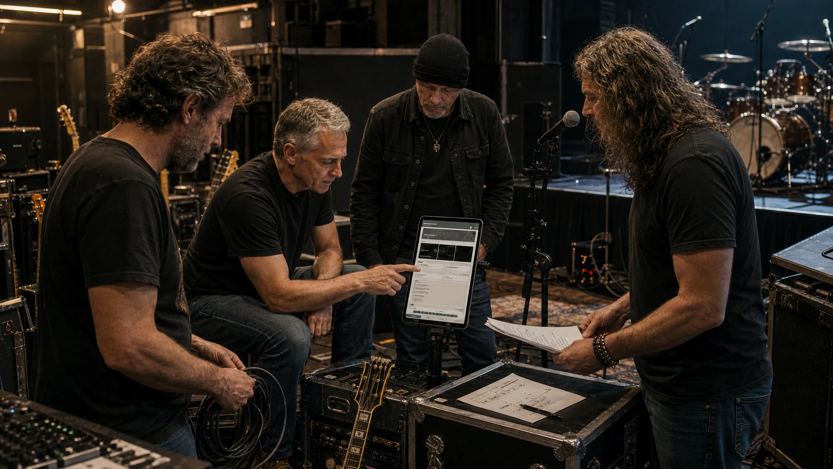 A band using Blackwires on a portrait tablet while preparing together beside an empty stage