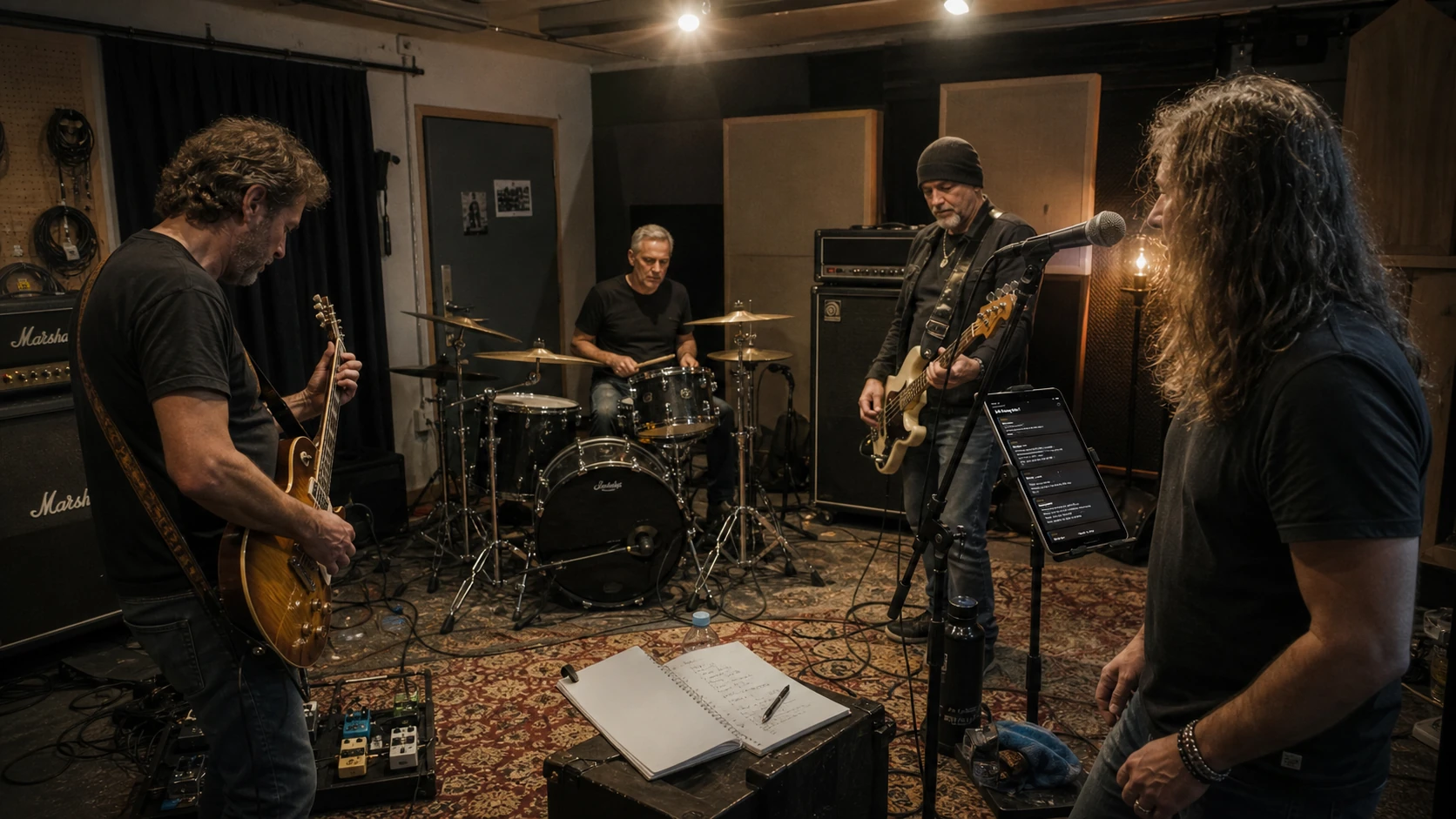 Band actively rehearsing with Blackwires open on a portrait tablet