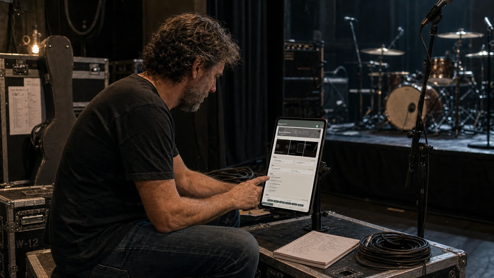 Musician reviewing the Blackwires band workspace on a portrait tablet beside an empty stage before soundcheck