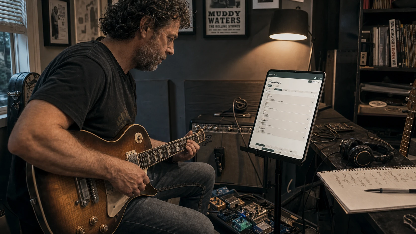 Guitarist using Blackwires on a portrait tablet while preparing a song in a personal practice room